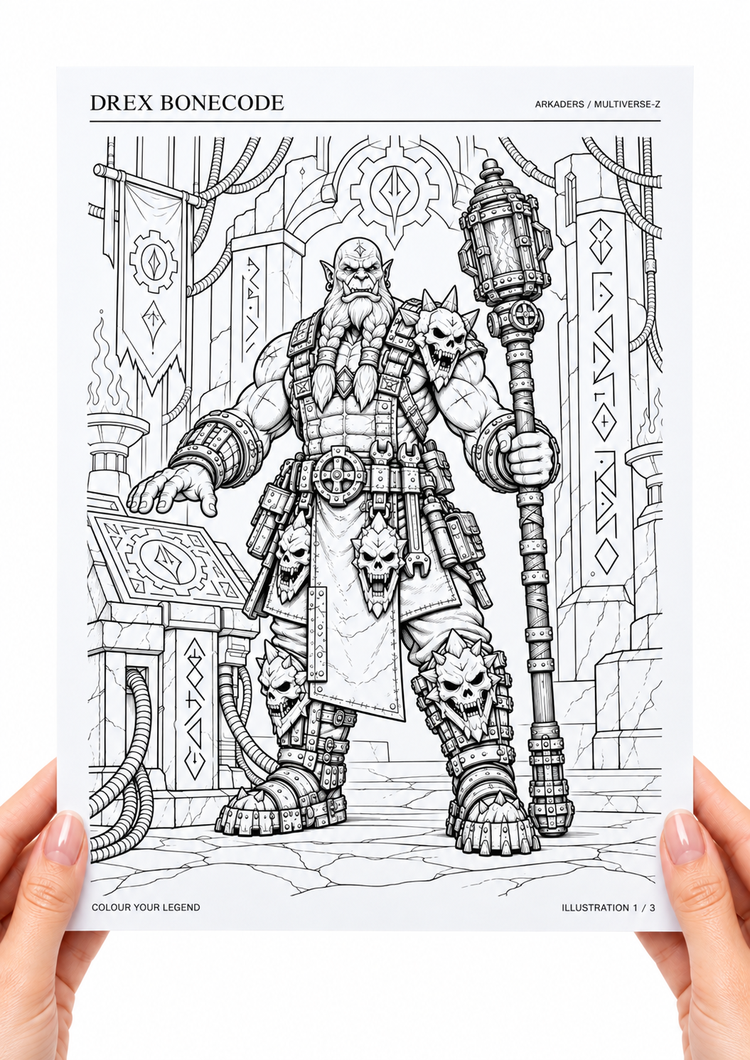 Drex Bonecode Coloring Character Sheet — hands holding coloring page