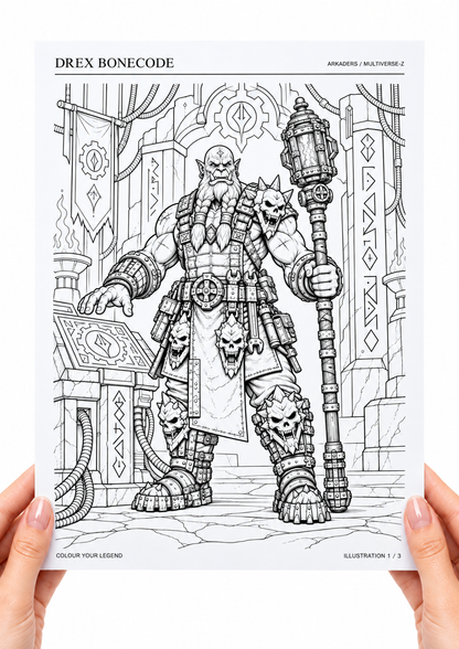 Drex Bonecode Coloring Character Sheet — hands holding coloring page