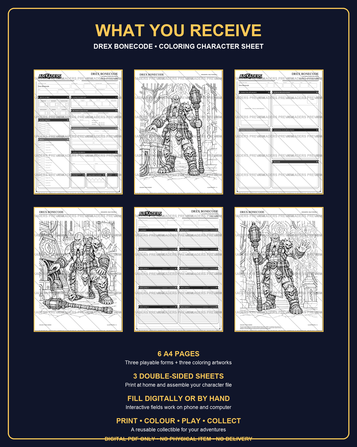 Drex Bonecode Coloring Character Sheet — six-page contents