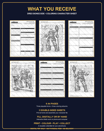 Drex Bonecode Coloring Character Sheet — six-page contents