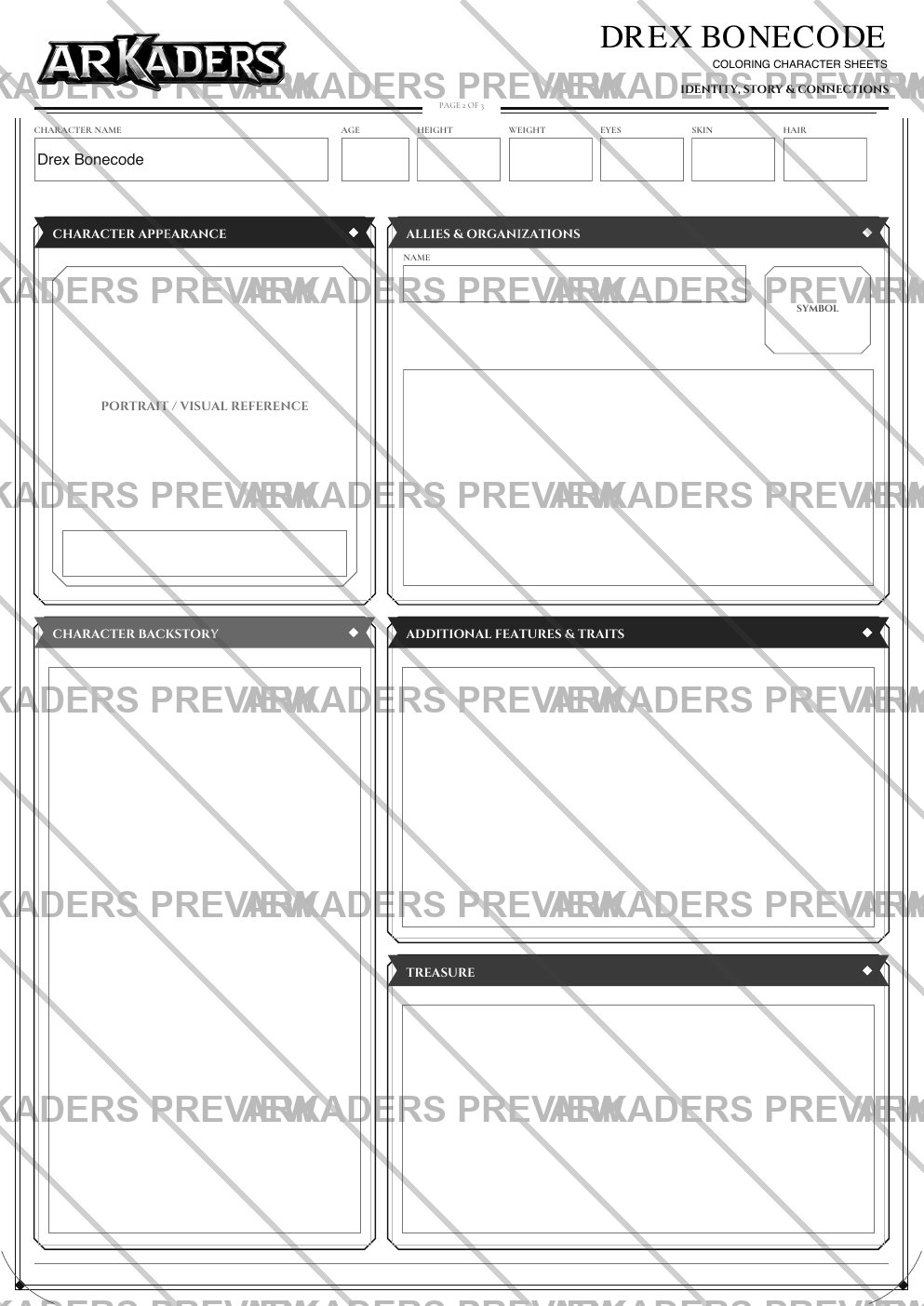 Drex Bonecode Coloring Character Sheet — protected preview page 3