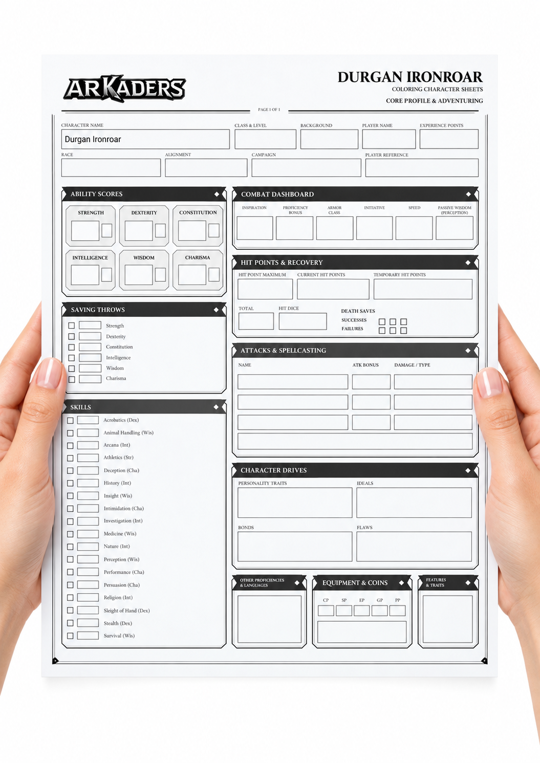 Durgan Ironroar Coloring Character Sheet — fillable sheet held in hands