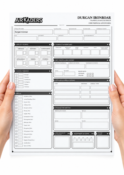 Durgan Ironroar Coloring Character Sheet — fillable sheet held in hands