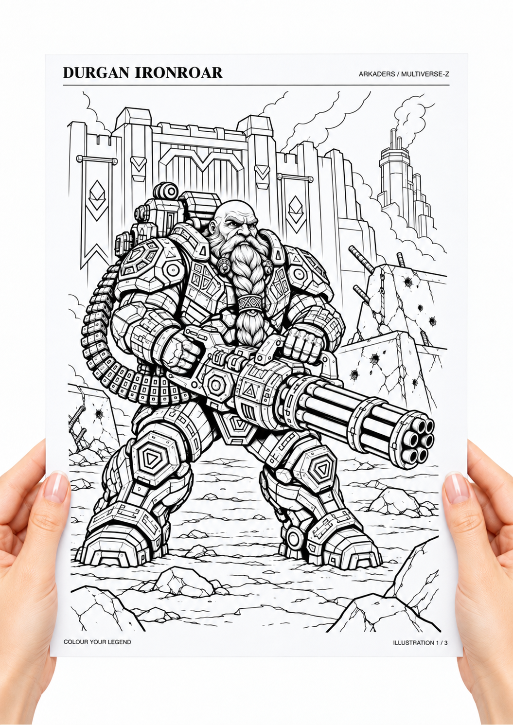 Durgan Ironroar Coloring Character Sheet — coloring sheet held in hands