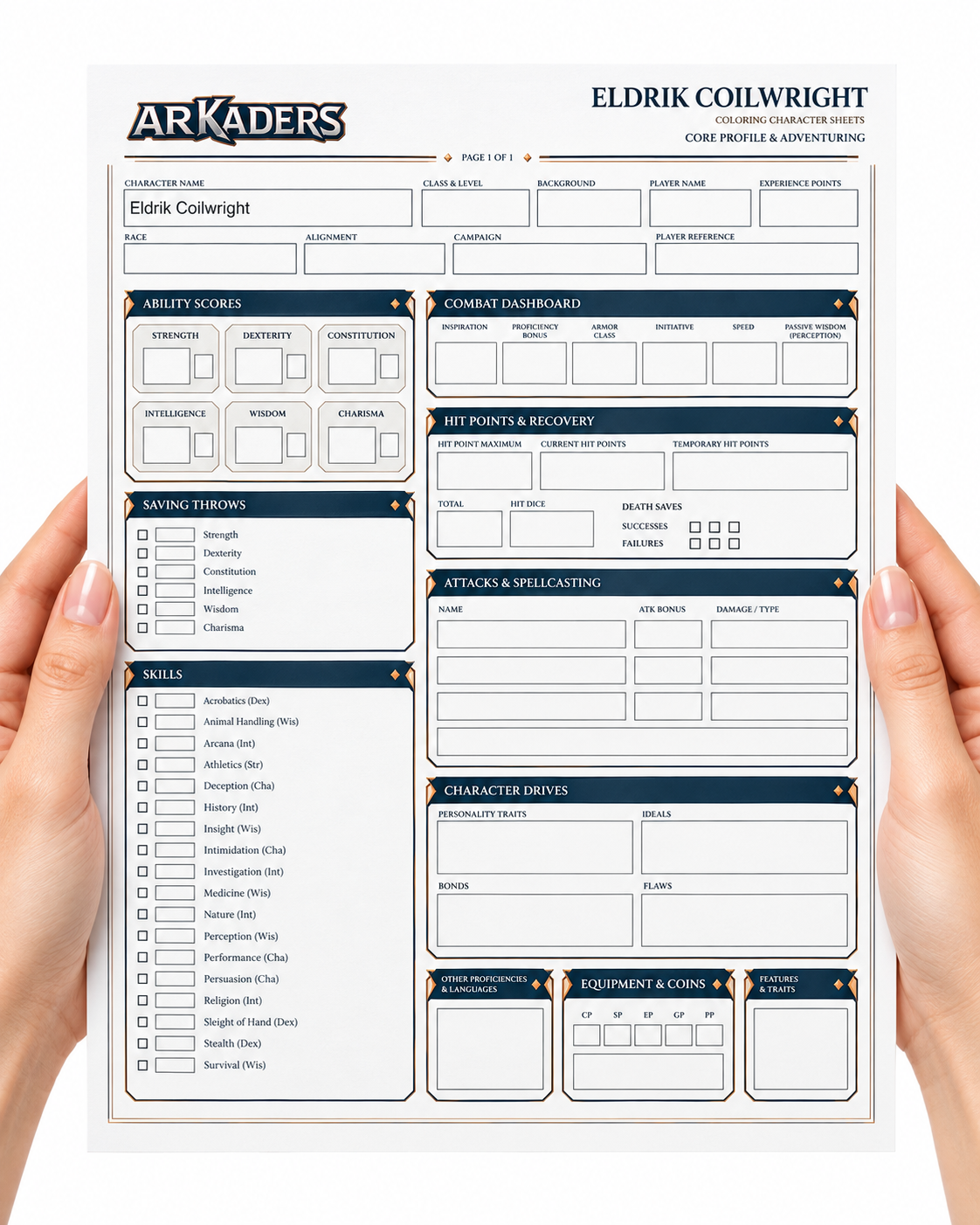 Eldrik Coilwright Coloring Character Sheet — fillable sheet held in hands