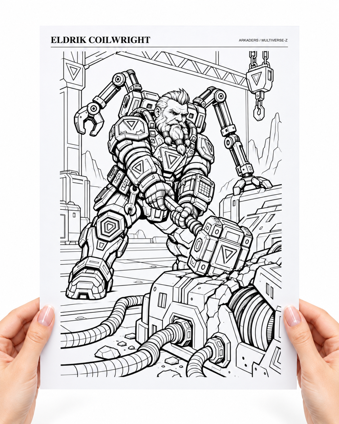 Eldrik Coilwright Coloring Character Sheet — coloring sheet held in hands