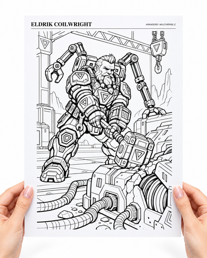 Eldrik Coilwright Coloring Character Sheet — coloring sheet held in hands