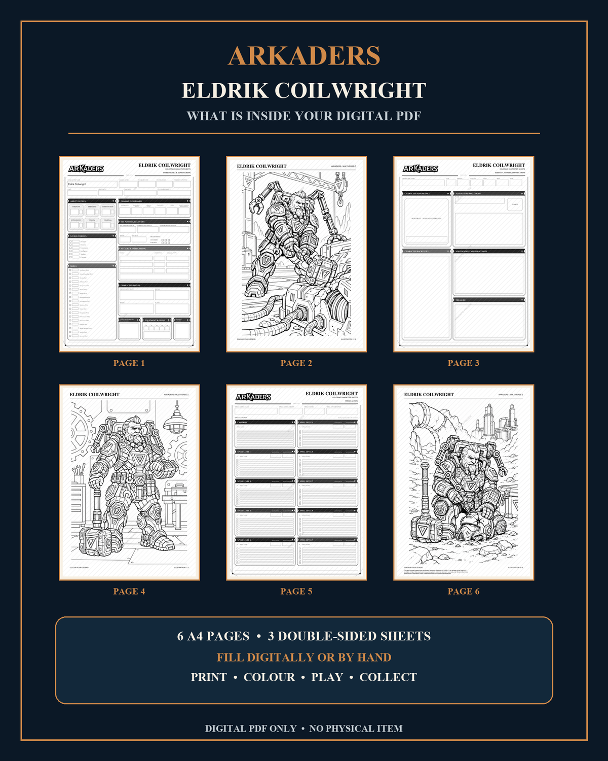 Eldrik Coilwright Coloring Character Sheet — PDF contents