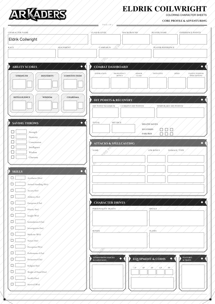 Eldrik Coilwright Coloring Character Sheet — protected preview page 1