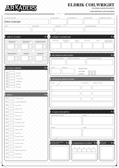 Eldrik Coilwright Coloring Character Sheet — protected preview page 1
