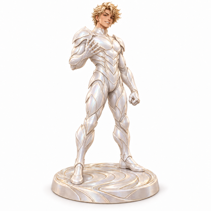 Max in full-body pearl-white Ivoryta organic armour, painted miniature concept