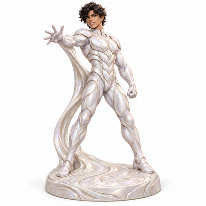 Tom in full-body pearl-white Ivoryta organic armour, painted miniature concept