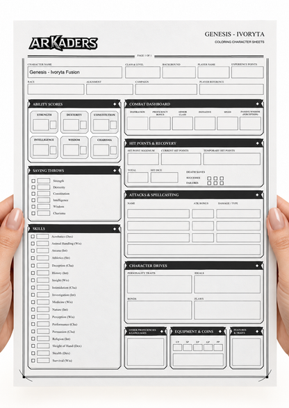 Genesis Ivoryta Fusion fillable character sheet shown in hands