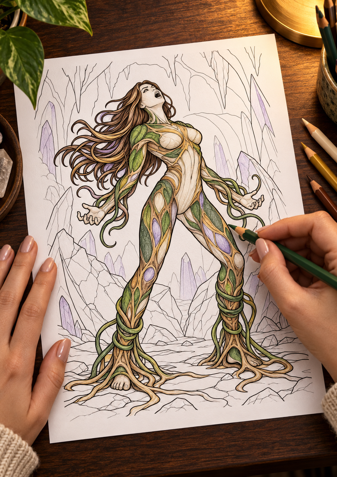Genesis Ivoryta Fusion colouring page being coloured with pencils