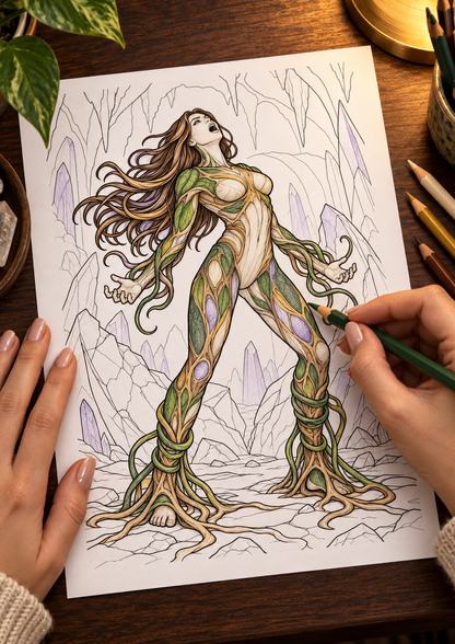 Genesis Ivoryta Fusion colouring page being coloured with pencils
