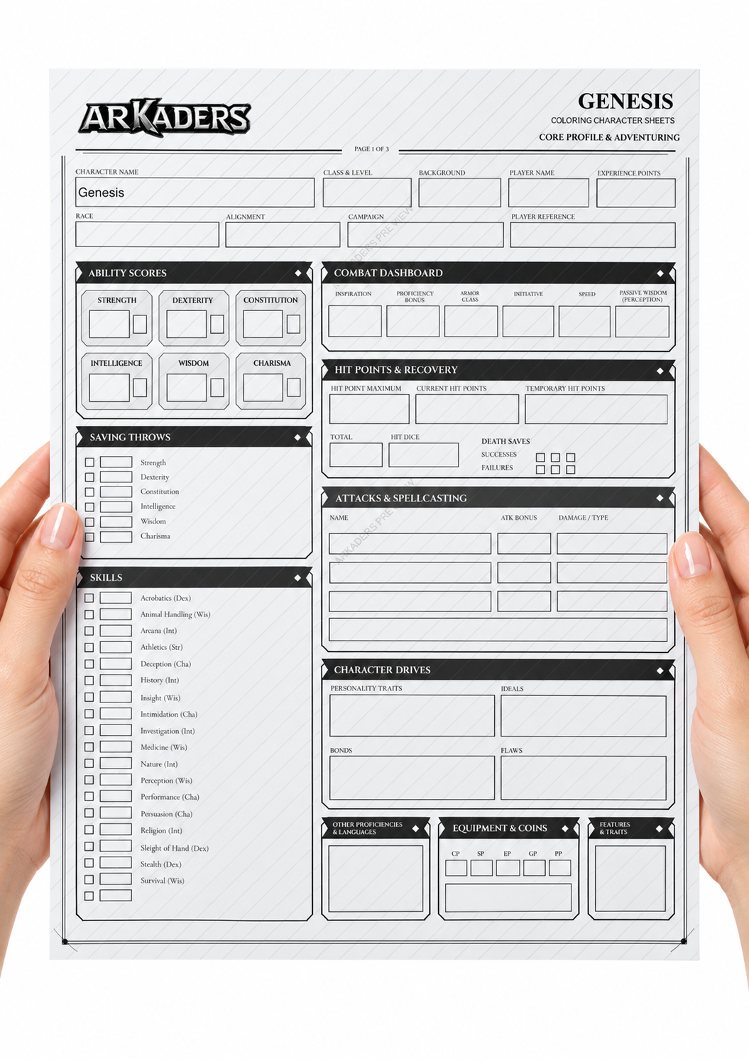 Genesis fillable character record held in hands