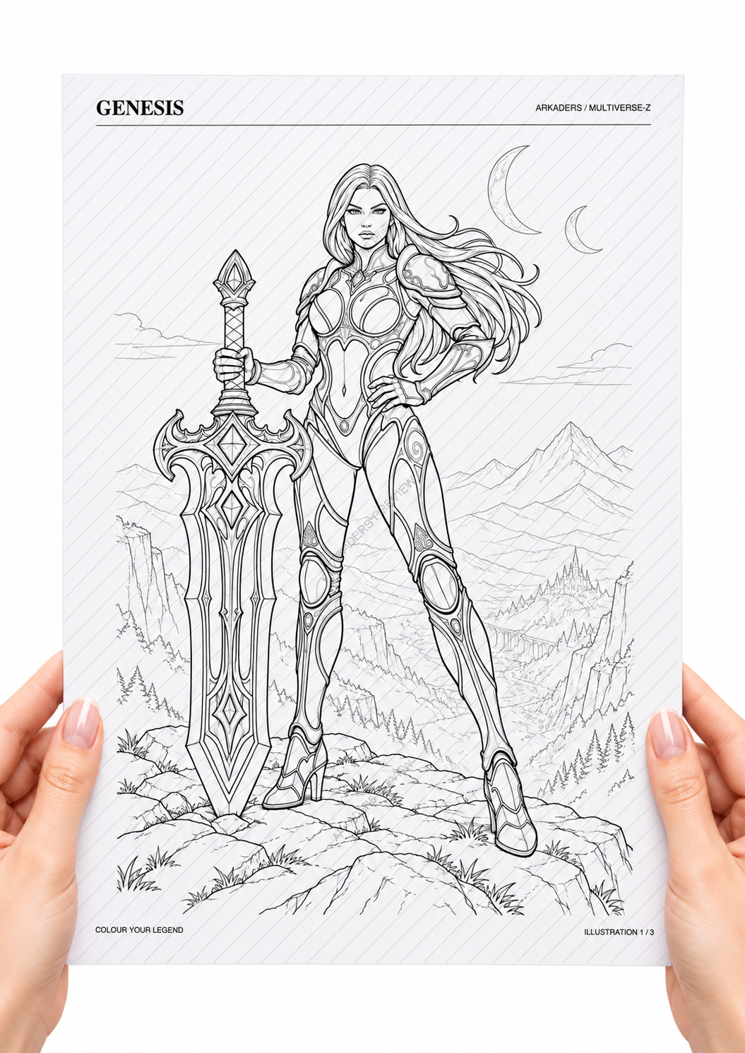 Genesis in Proferrum armour — colouring illustration held in hands