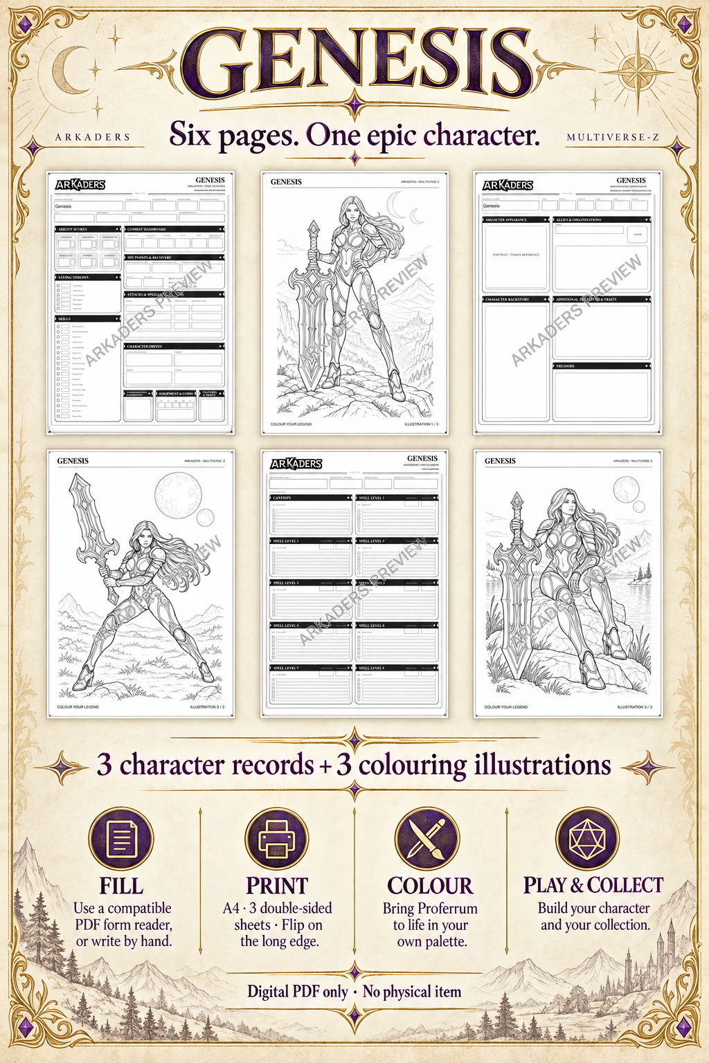 Genesis — six A4 pages, three double-sided sheets: fill, print, colour, play and collect