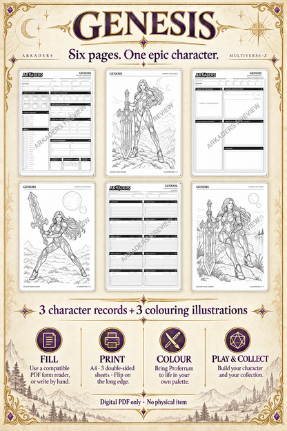 Genesis — six A4 pages, three double-sided sheets: fill, print, colour, play and collect