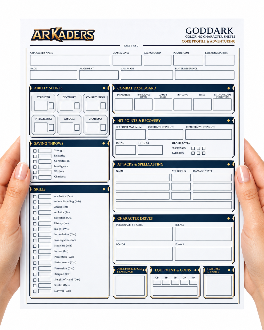 Goddark fillable character sheet held in hands