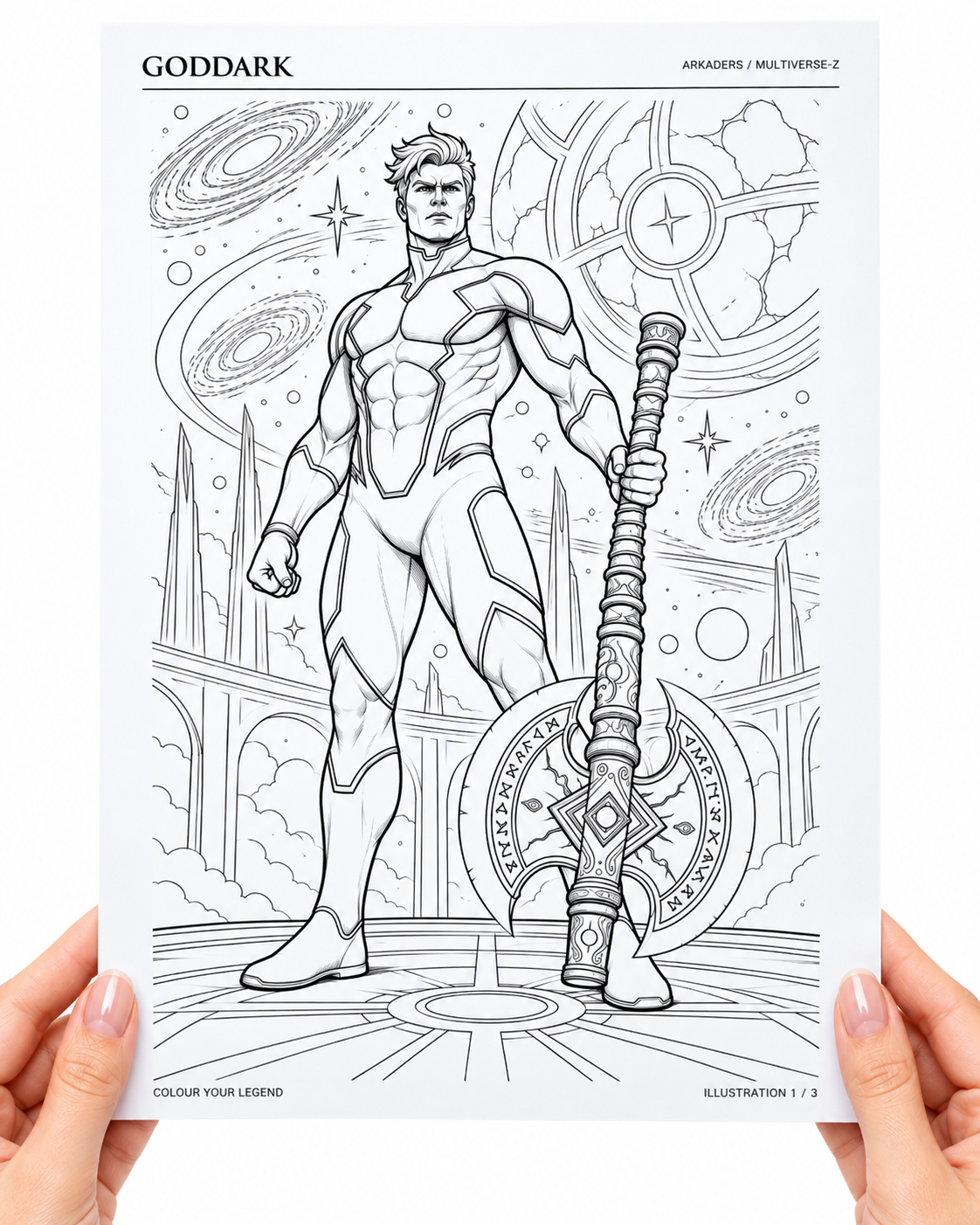 Goddark coloring artwork held in hands