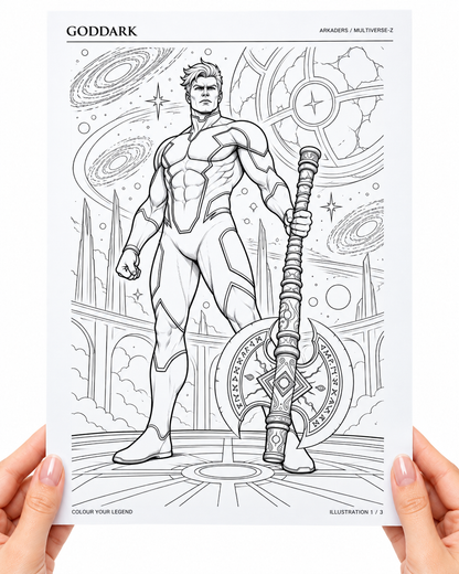 Goddark coloring artwork held in hands