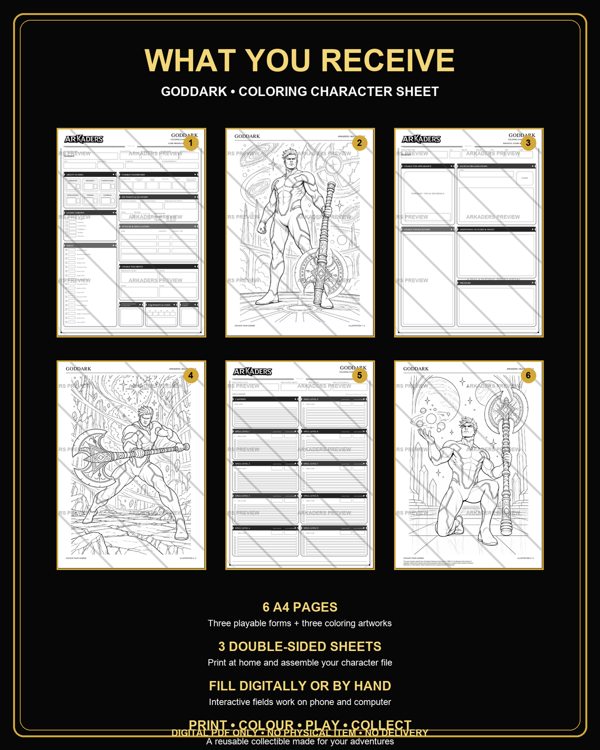 What is included in the Goddark digital character sheet