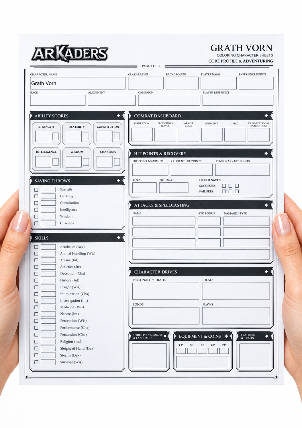 Grath Vorn Coloring Character Sheet — hands holding front page