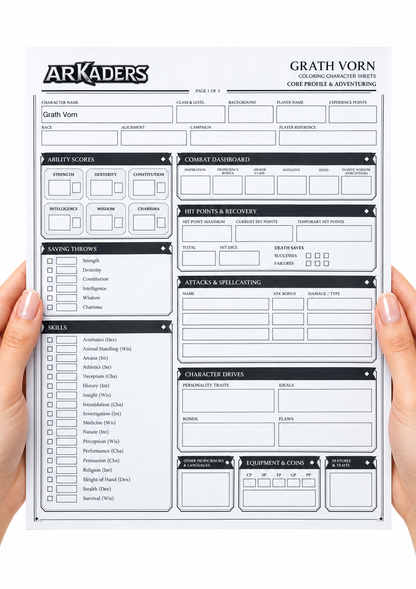 Grath Vorn Coloring Character Sheet — hands holding front page
