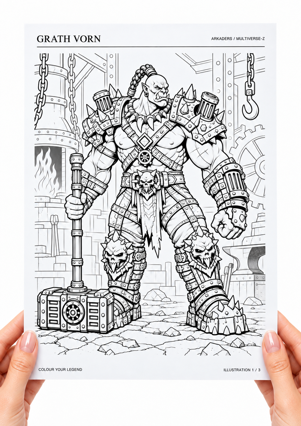 Grath Vorn Coloring Character Sheet — hands holding coloring page