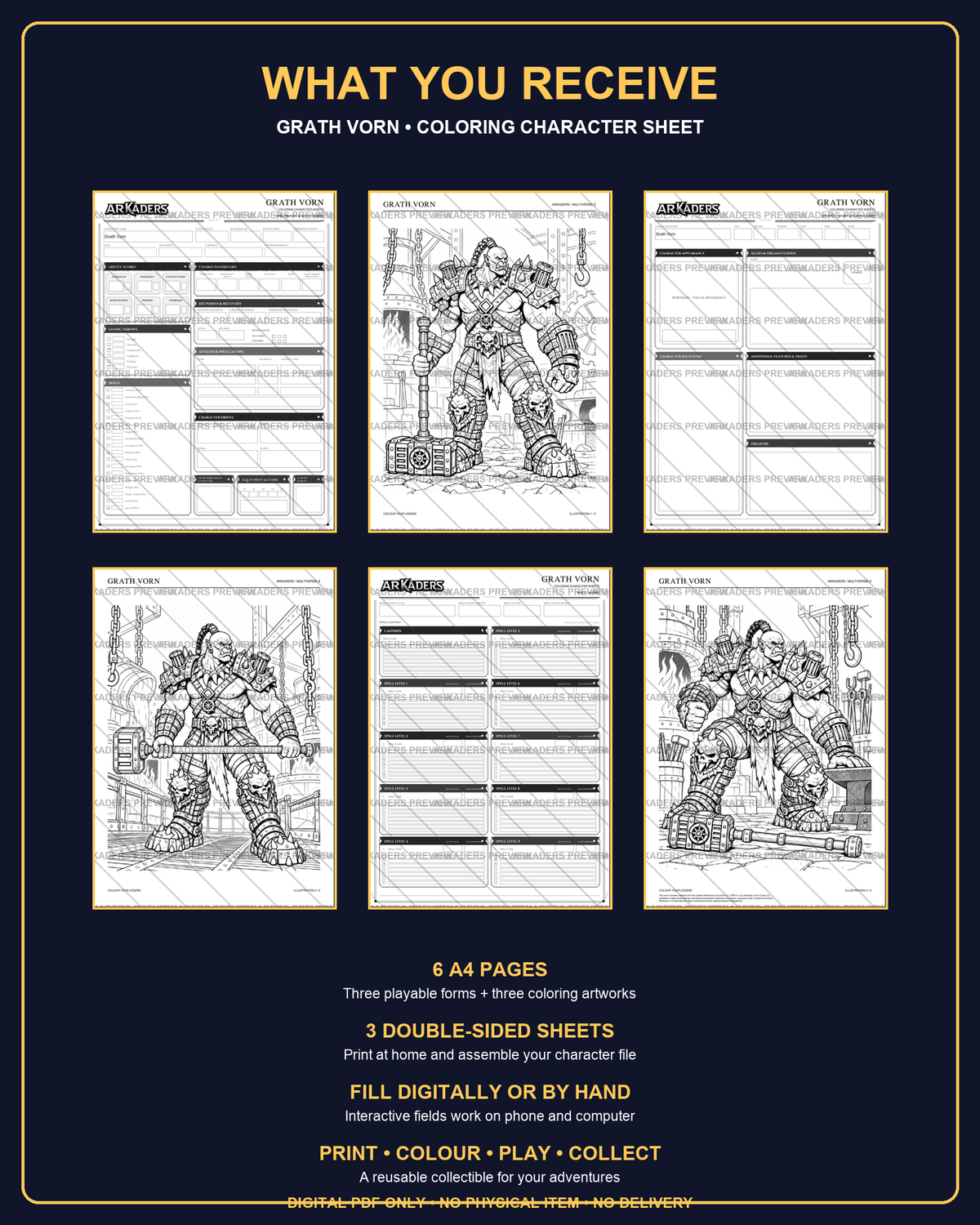 Grath Vorn Coloring Character Sheet — six-page contents