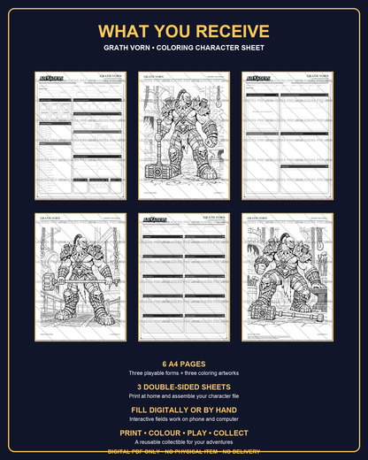 Grath Vorn Coloring Character Sheet — six-page contents