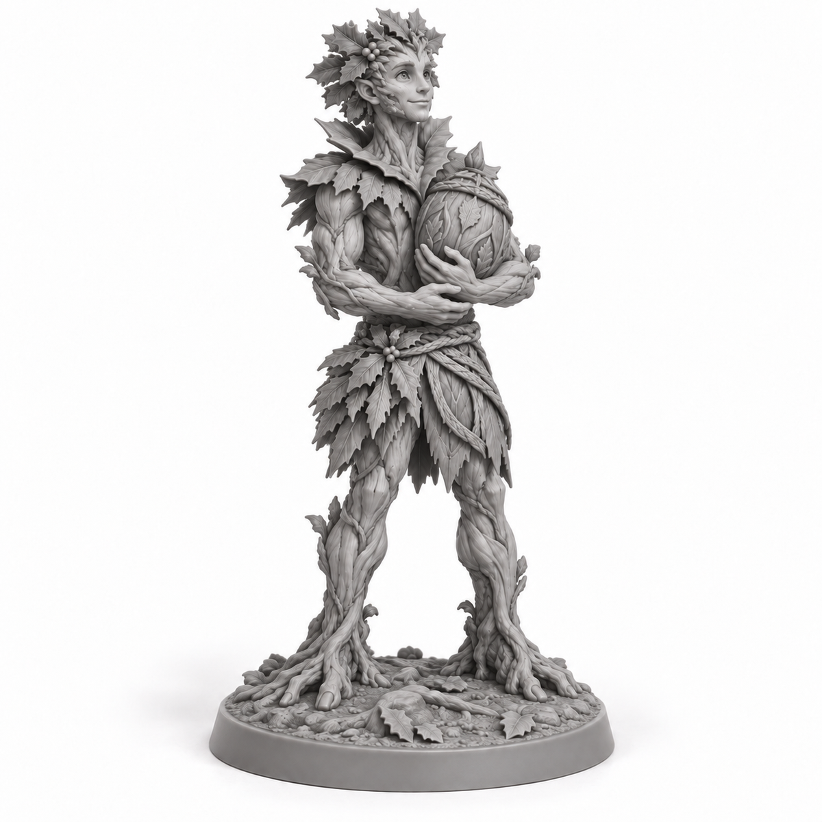 ilex Treebas druid — unpainted grey-resin concept, three-quarter