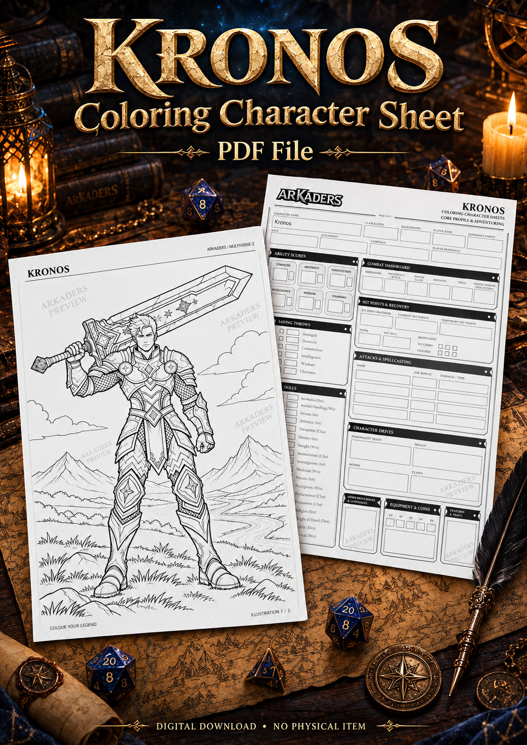 Kronos: Fantasy cover with character-sheet front and colouring reverse. Digital PDF only.