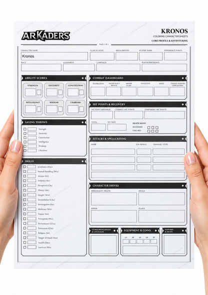 Kronos: Character sheet held in hands on a white background. Digital PDF only.