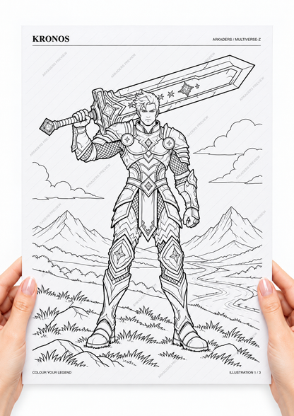 Kronos: Colouring illustration held in hands on a white background. Digital PDF only.
