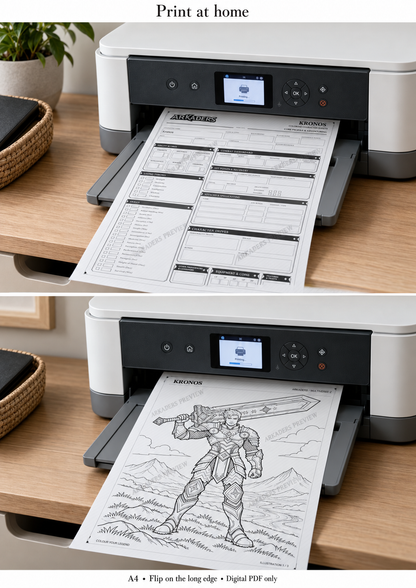 Kronos: Home printer printing the character sheet and colouring illustration. Digital PDF only.
