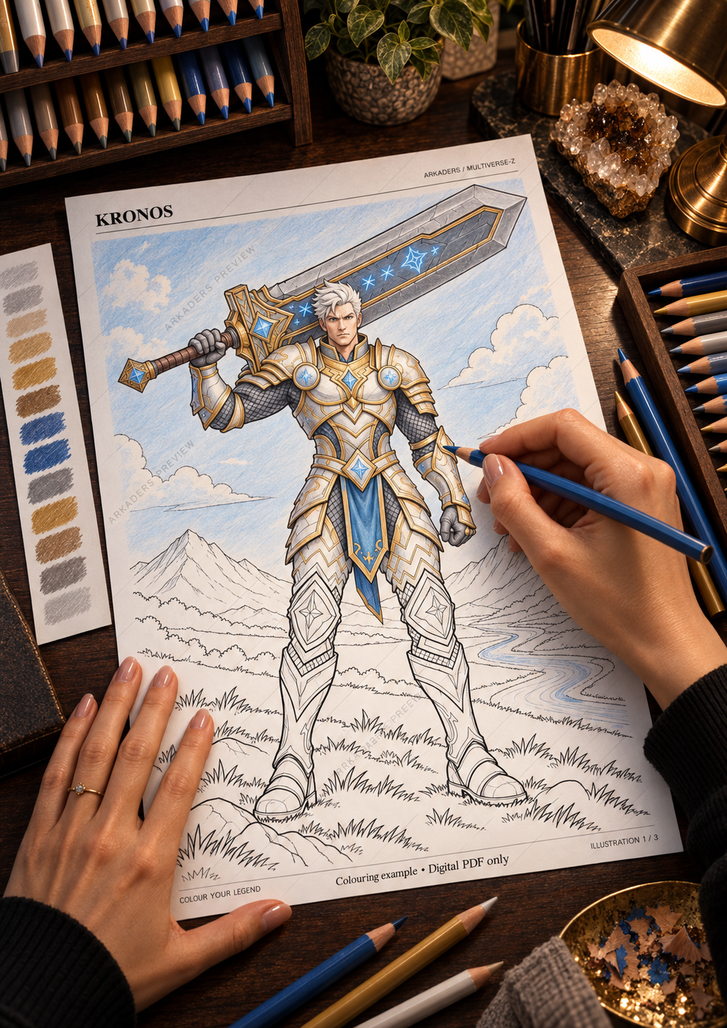 Kronos: Colouring example at an artist's desk. Digital PDF only.