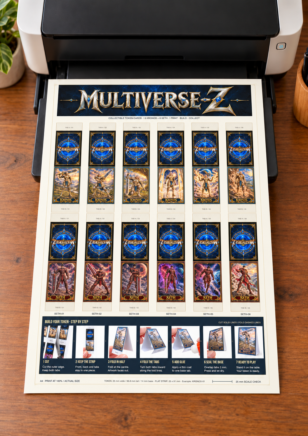 kronos-seth — home printer with the final twelve-token A4 sheet, flat paper and the seven-step Kronos assembly guide