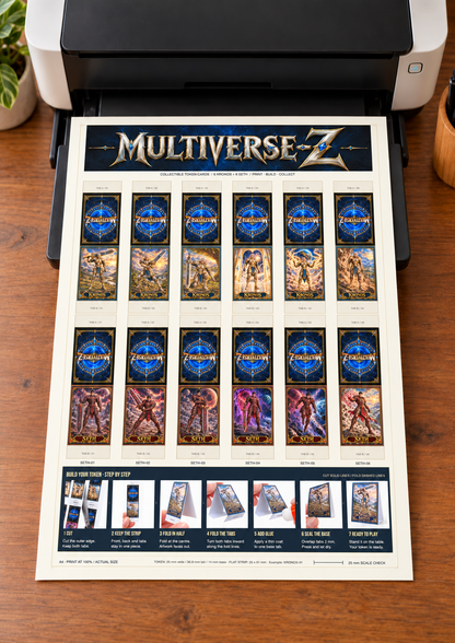 kronos-seth — home printer with the final twelve-token A4 sheet, flat paper and the seven-step Kronos assembly guide