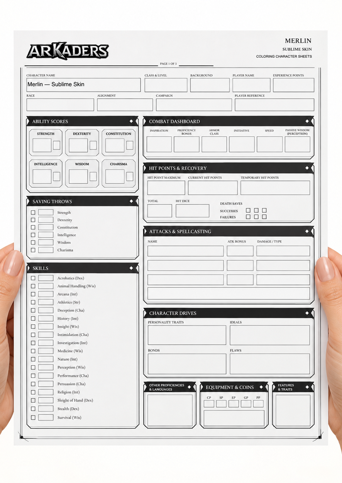 Merlin Sublime Skin fillable sheet shown in hands