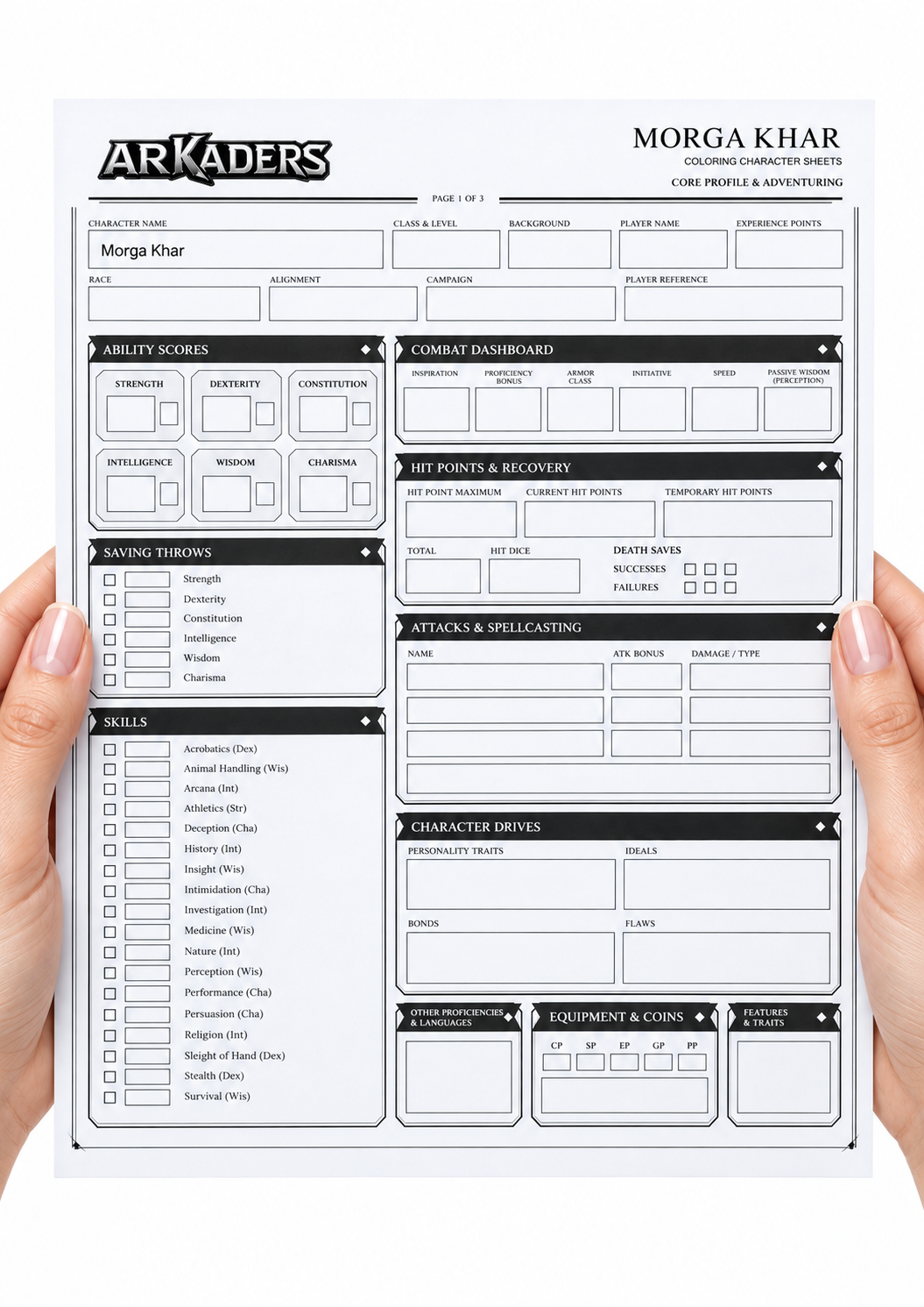 Morga Khar Coloring Character Sheet — hands holding front page