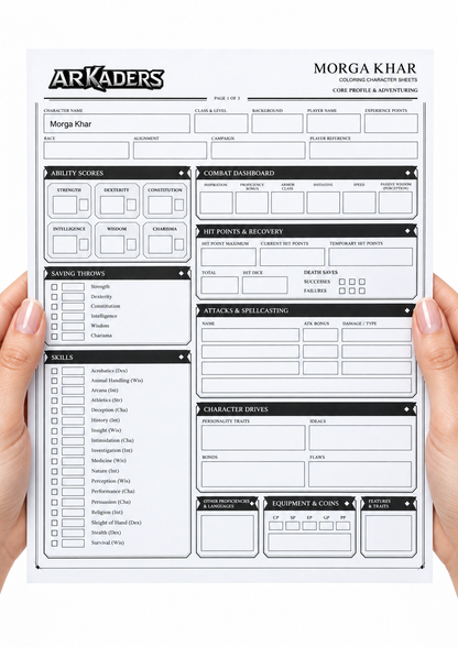 Morga Khar Coloring Character Sheet — hands holding front page