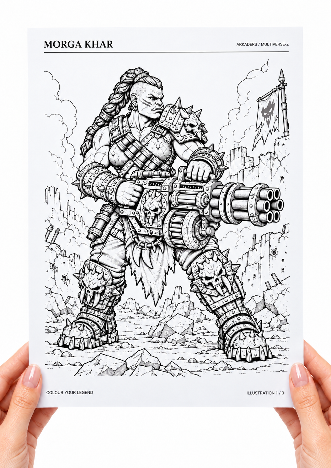 Morga Khar Coloring Character Sheet — hands holding coloring page