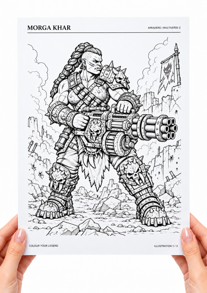 Morga Khar Coloring Character Sheet — hands holding coloring page