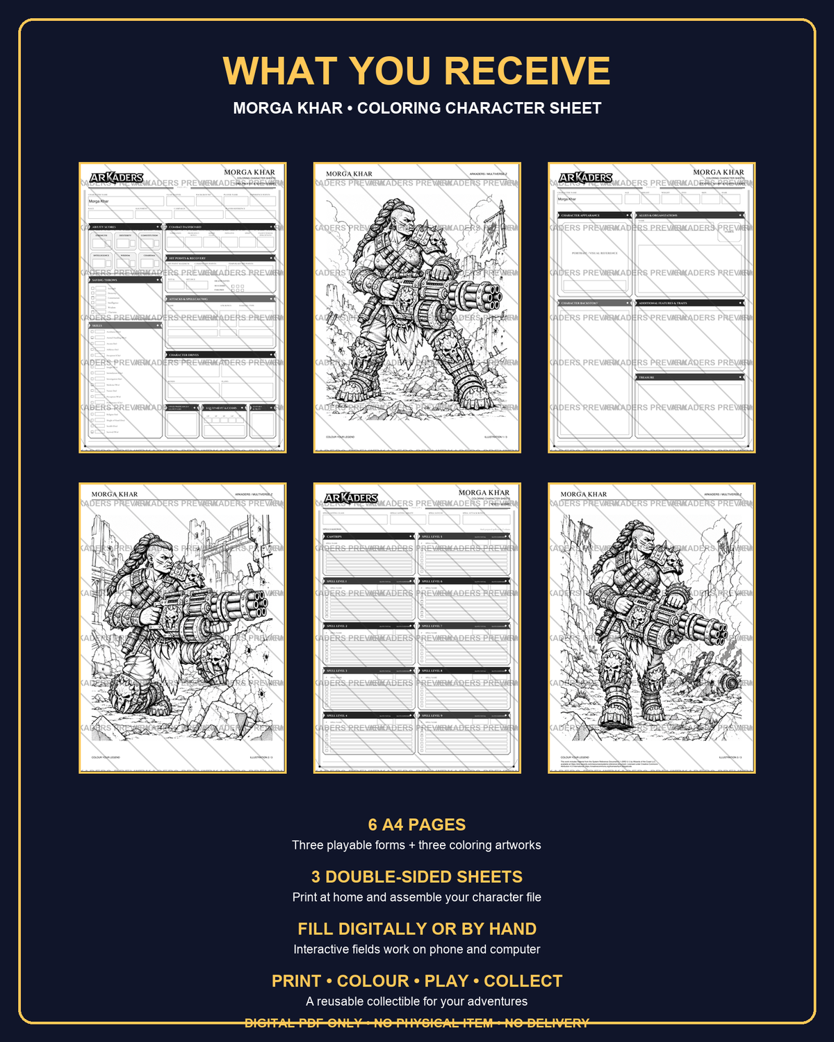 Morga Khar Coloring Character Sheet — six-page contents
