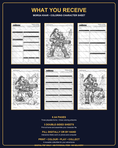 Morga Khar Coloring Character Sheet — six-page contents