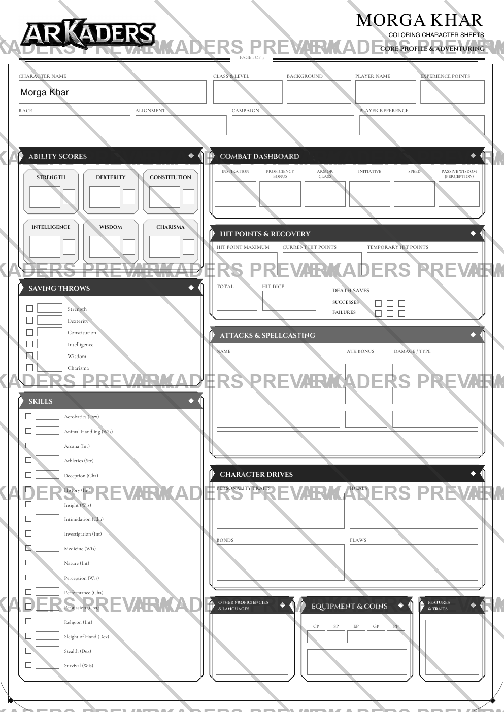 Morga Khar Coloring Character Sheet — protected preview page 1