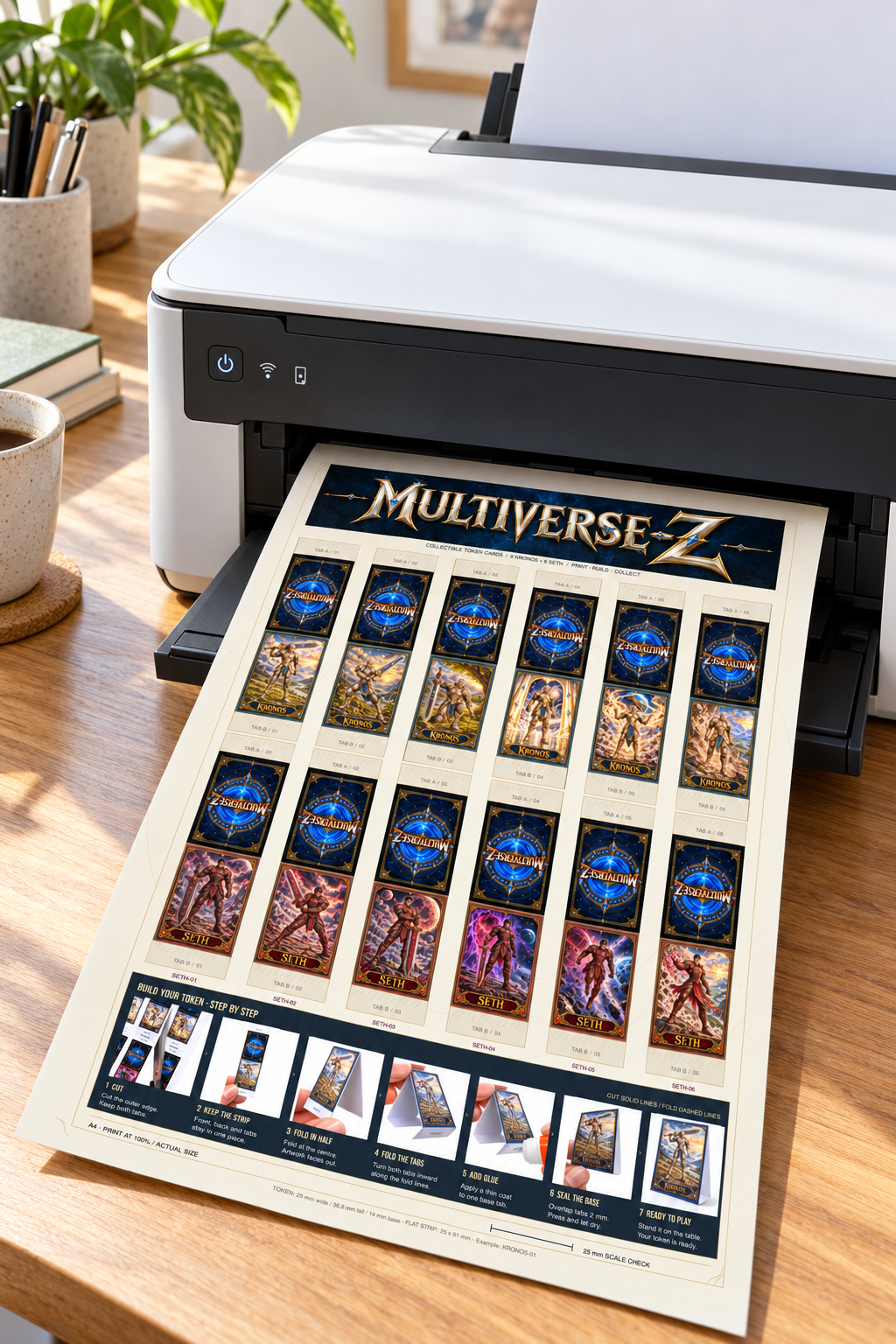 Print the final A4 PDF at home — 12 tokens and seven assembly steps
