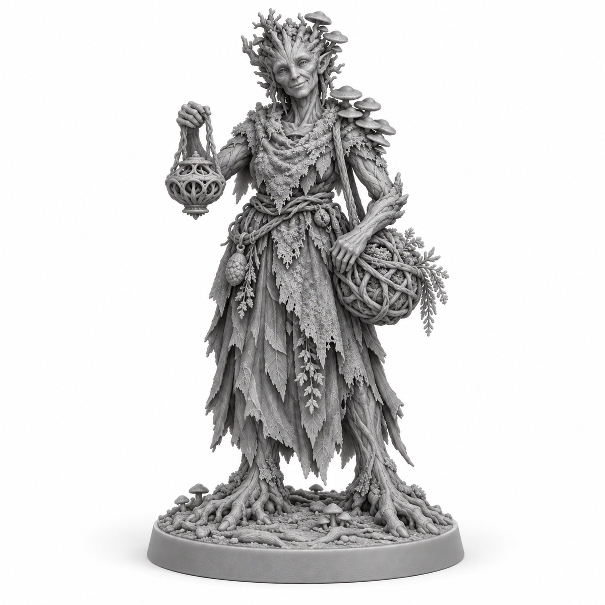 myrra Treebas druid miniature concept — resin front view